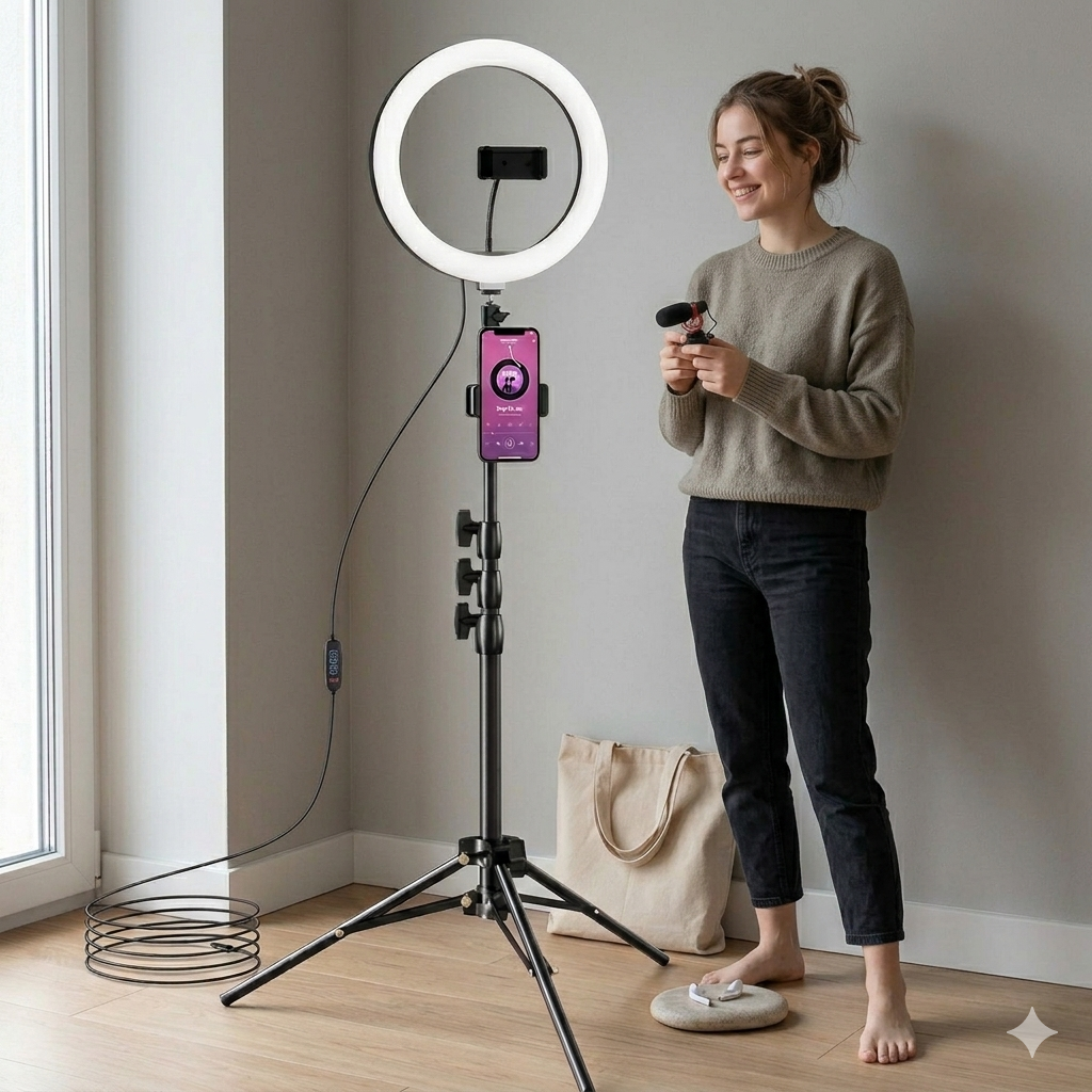 A professional ring light tripod stands tall in a minimalist, sunlit room, featuring a glowing circular light and a smartphone mounted in the center. The adjustable black tripod holds the device at eye level next to a young woman, highlighting the product's use for content creation and high-quality lighting in a lifestyle setting.