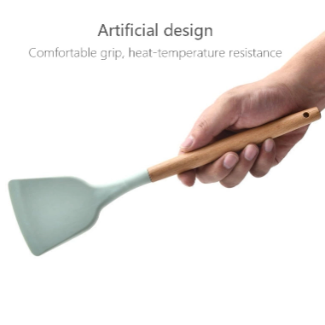 9pcs Silicone Kitchen Cooking Utensil Set Wooden Handle