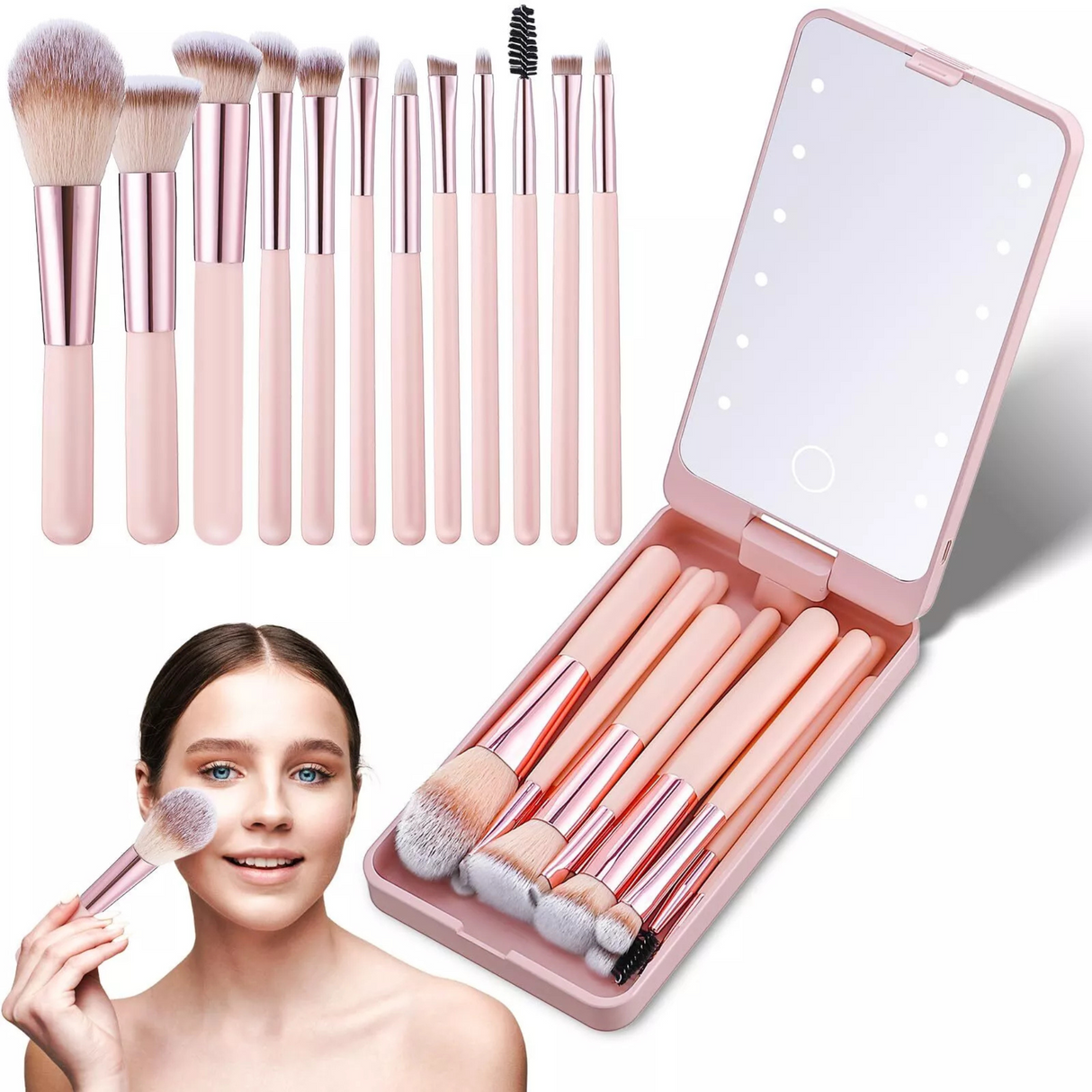 Rechargeable LED Light Mirror with 12 pieces Travel Makeup Brush Set