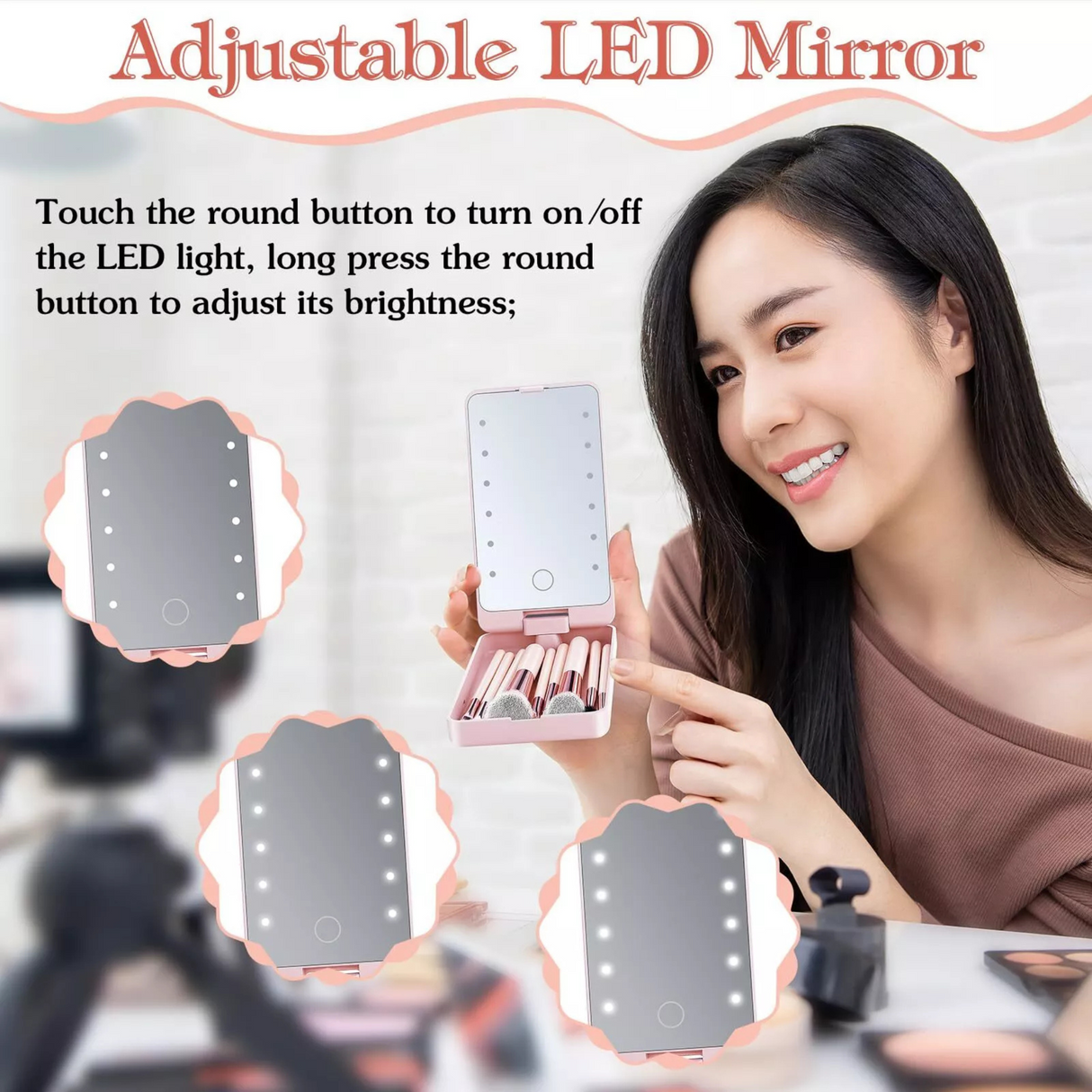 Rechargeable LED Light Mirror with 12 pieces Travel Makeup Brush Set