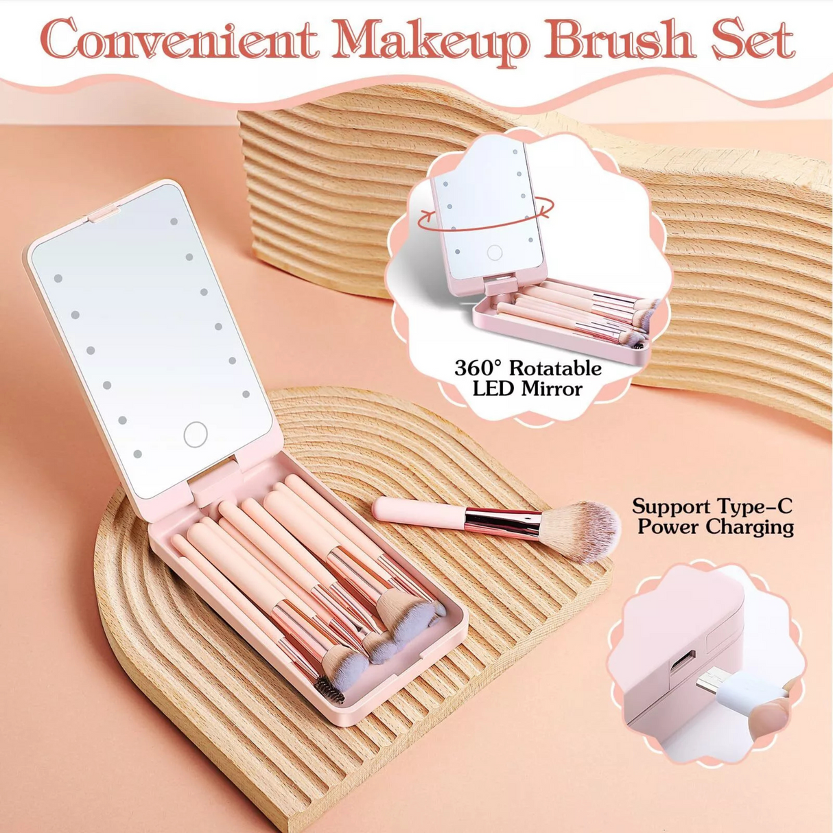 Rechargeable LED Light Mirror with 12 pieces Travel Makeup Brush Set
