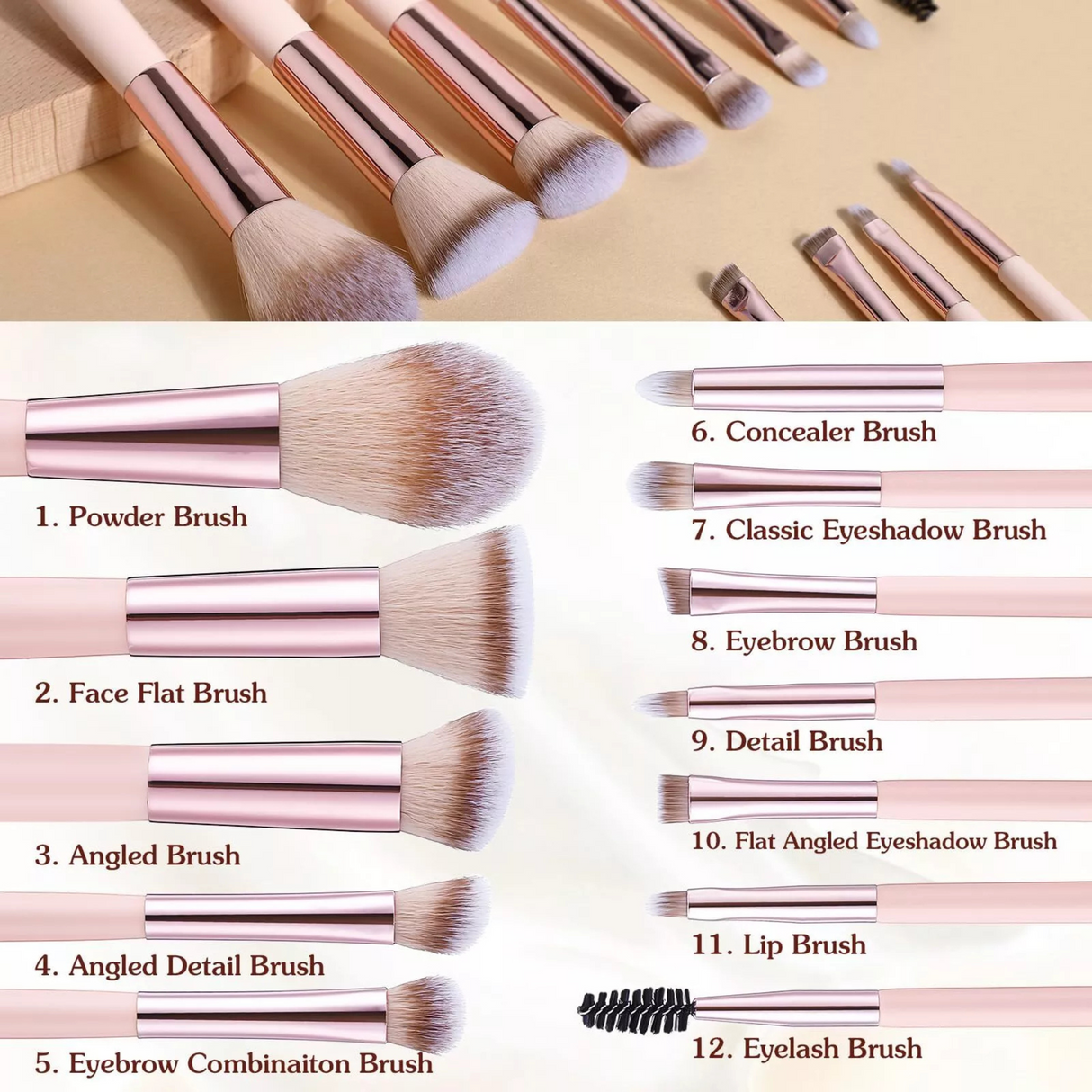 Rechargeable LED Light Mirror with 12 pieces Travel Makeup Brush Set