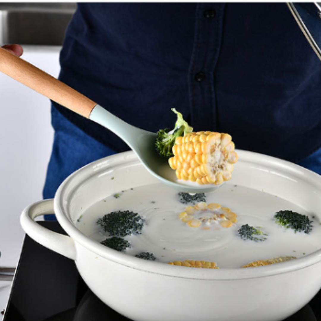 9pcs Silicone Kitchen Cooking Utensil Set Wooden Handle