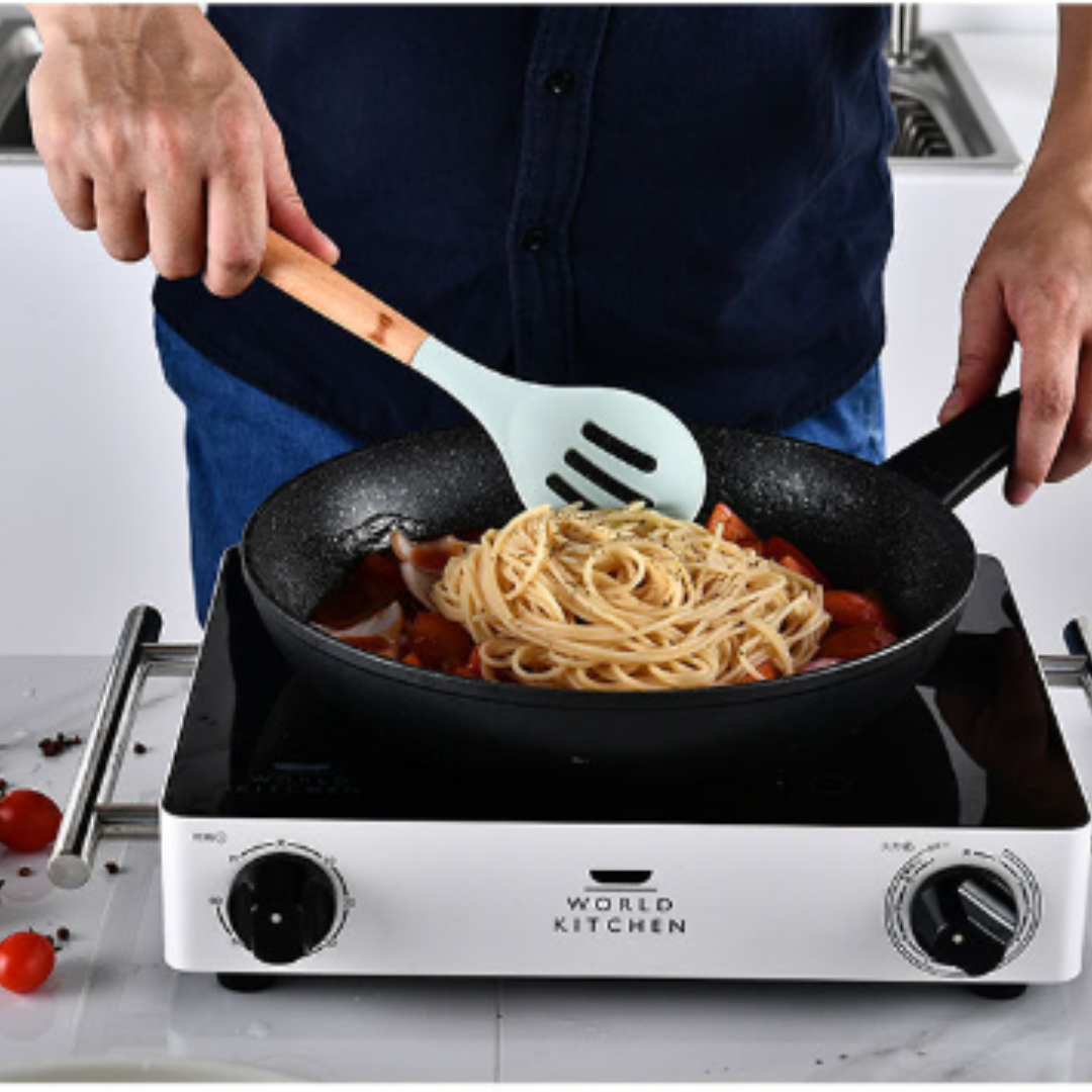 9 Piece Silicone Kitchen Cooking Utensil Set Wooden Handle with Plastic Holder