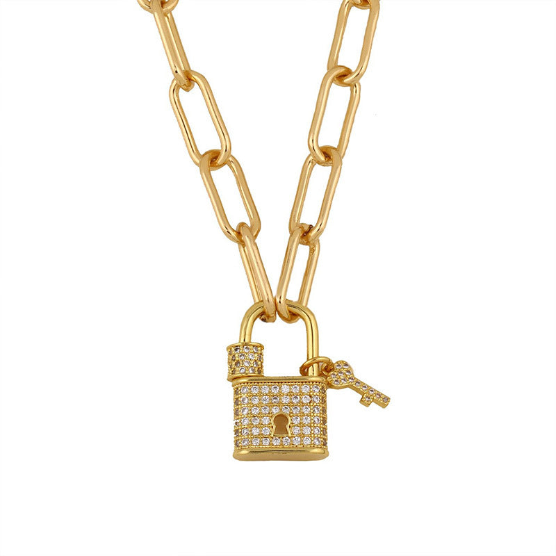 18K Gold Plated Lock And Key with Micro Inlaid CZ Necklace