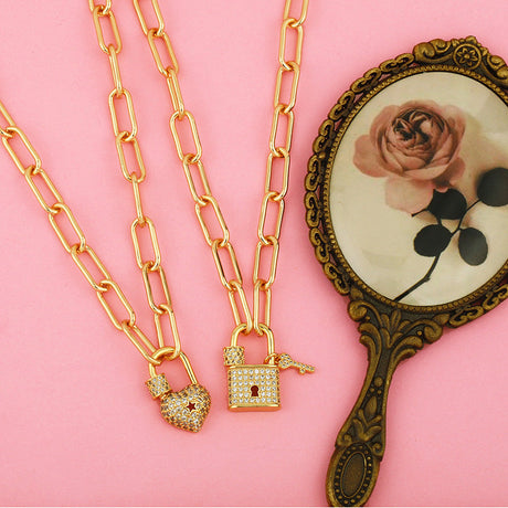18K Gold Plated Lock And Key with Micro Inlaid CZ Necklace