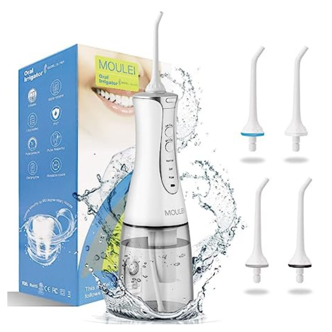 Moulei Portable Dental Water Flosser IPX7 Waterproof 3 Modes and 4 Jet Tips