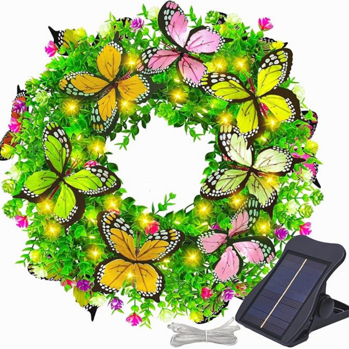 16 Inch Spring Wreaths Solar Lights with Artificial Flowers and Butterflies
