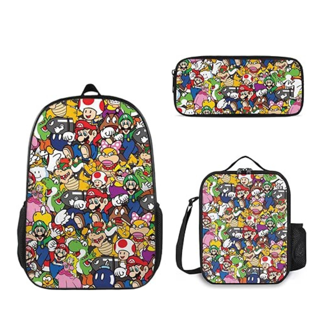 3pcs Set Super Mario Smash Bros Kid's Backpack with Lunch Bag & Pencil Case