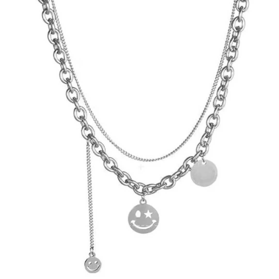 Fashion Hip Hop Chunky Cuban Chain Smiley Face Layered Choker Necklace