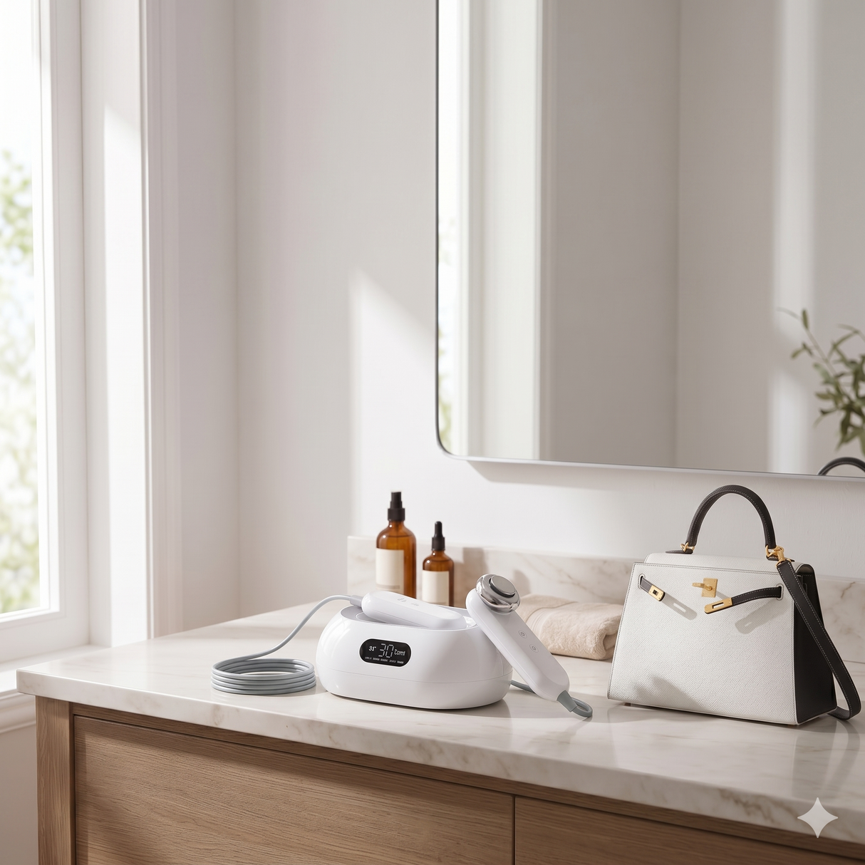 2-in-1 facial skin care device on bathroom counter with handheld applicator