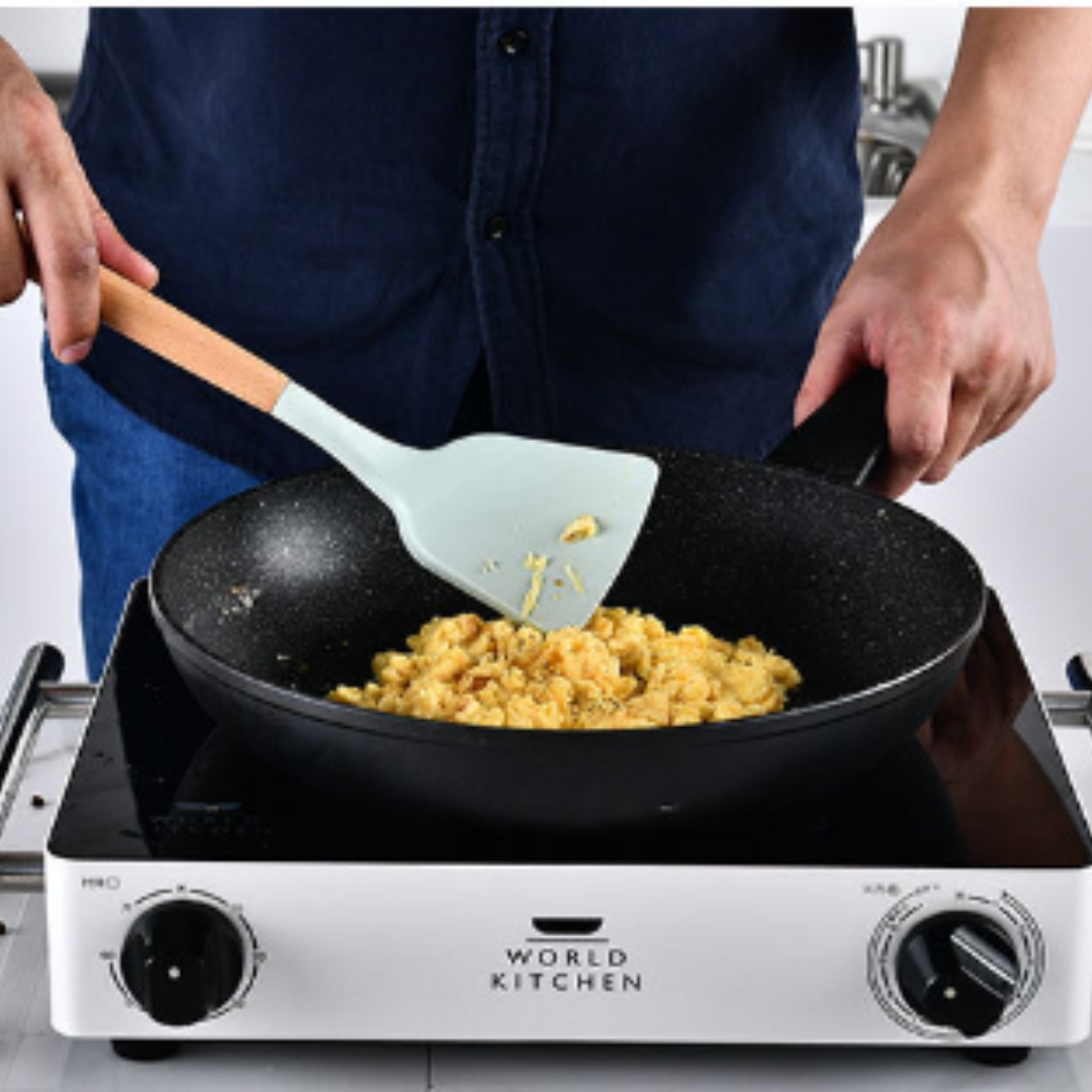 9 Piece Silicone Kitchen Cooking Utensil Set Wooden Handle with Plastic Holder