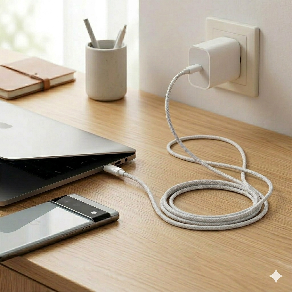 Charging block and cable used at desk for laptop charging.