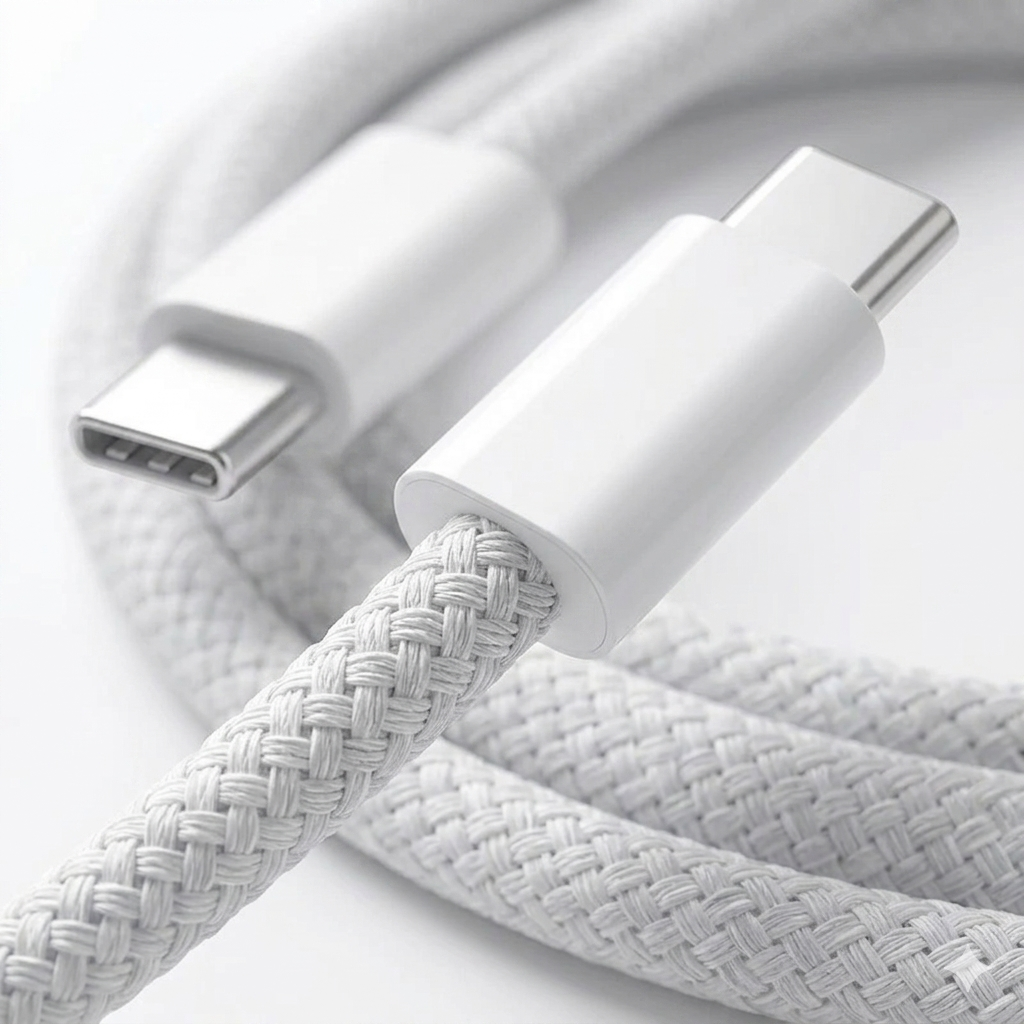 A high-clarity, close-up shot of a durable USB-C to USB-C cable.