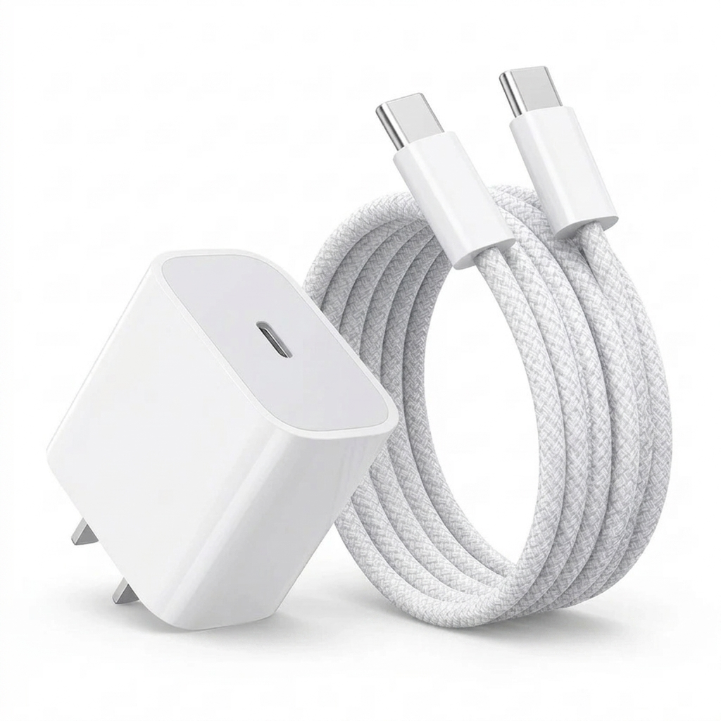 USB-C charging block and cable shown from side angle.