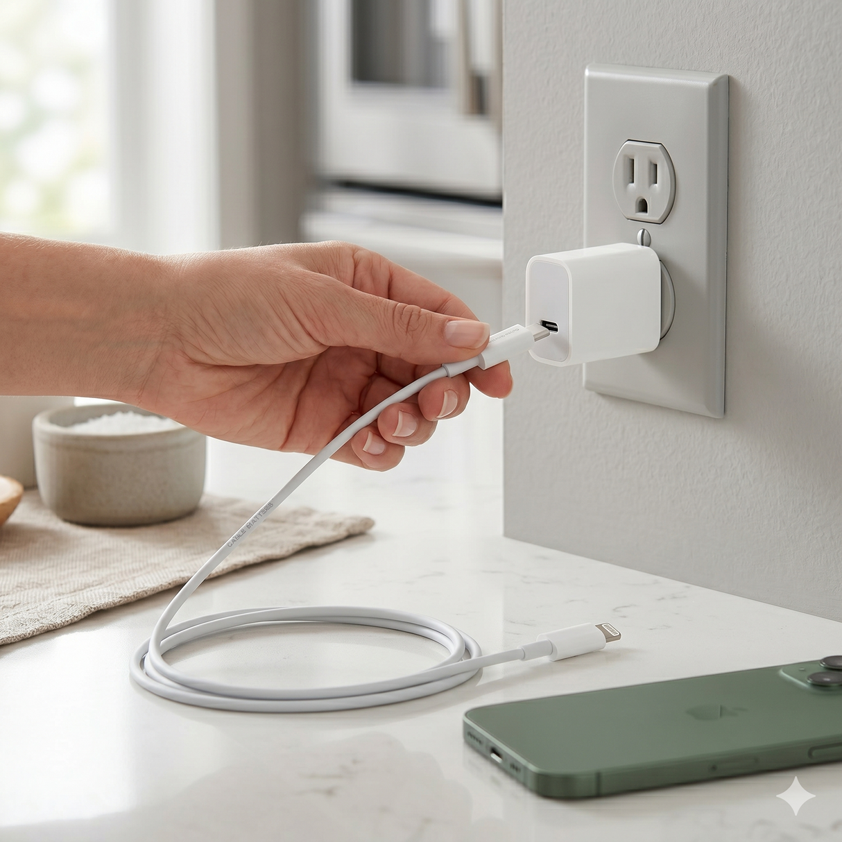 20W USB-C charging adapter in use charging smartphone at wall outlet