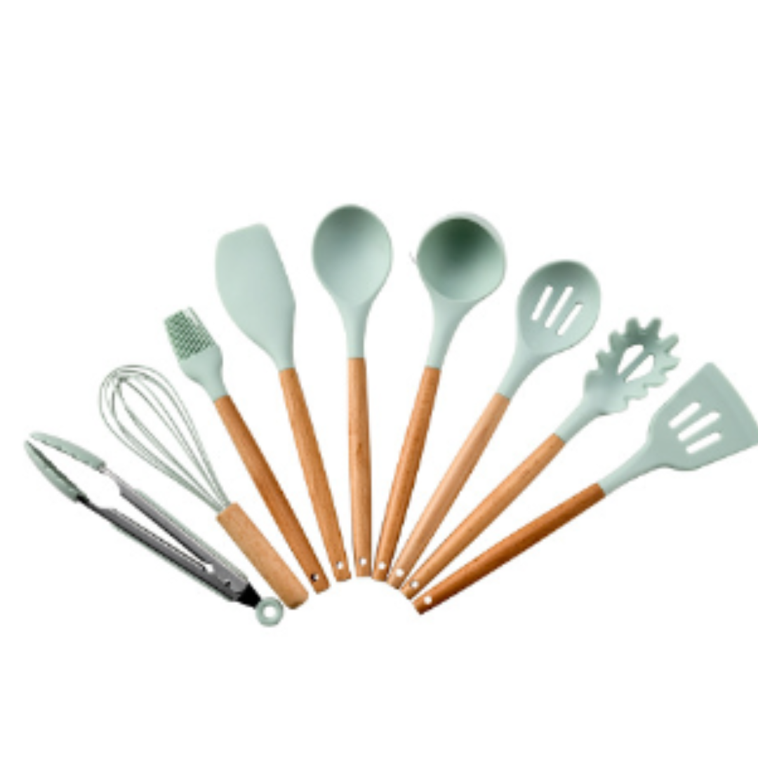 9pcs Silicone Kitchen Cooking Utensil Set Wooden Handle