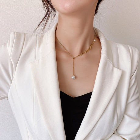 Wheat Leaves Pearl Necklace Gold Adjustable Stainless Steel