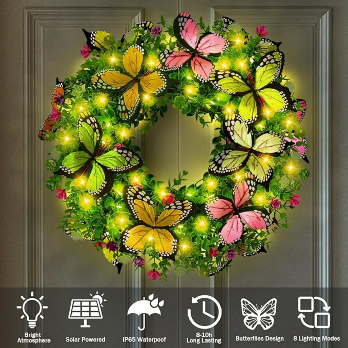 16 Inch Spring Wreaths Solar Lights with Artificial Flowers and Butterflies