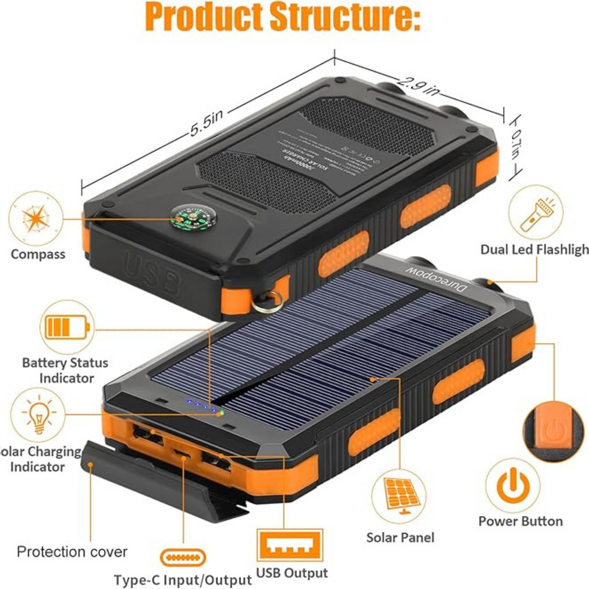 20000mAh Fast Charging Solar Power Bank with Flashlight and Compass