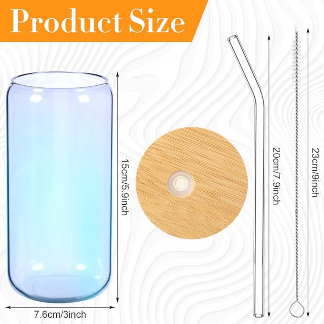 8pc Glass Cups with Bamboo Lids and Straw, 16oz Can