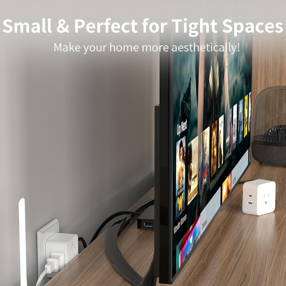 2 piece 5-way outlet splitter used in tight space behind TV setup. Compact outlet splitter fits neatly without blocking surrounding area.
