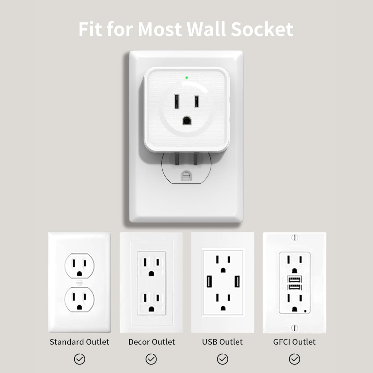 2 piece 5-way outlet splitter compatible with various wall socket types. Outlet splitter installed on standard, decor, USB, and GFCI outlets.