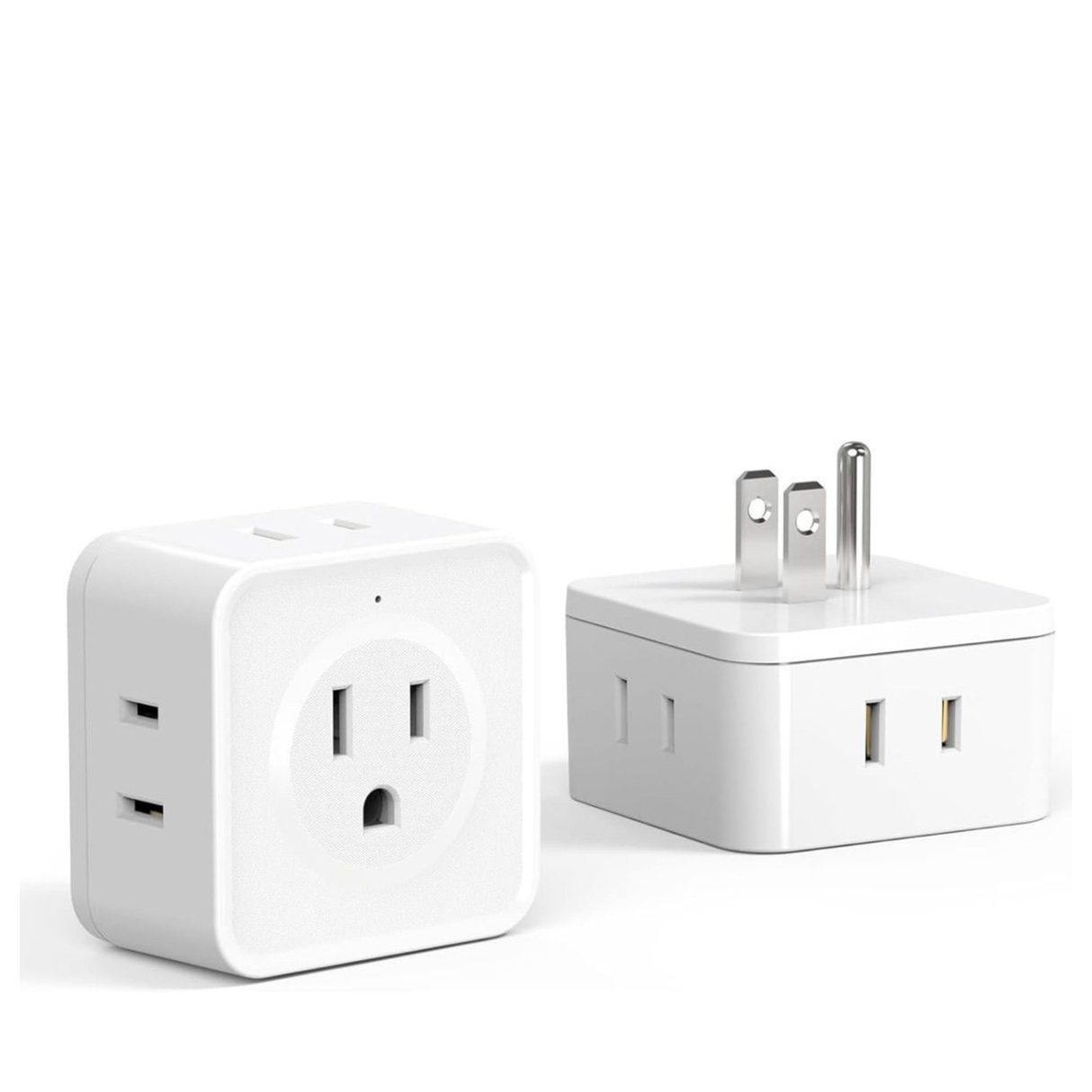 2 piece 5-way outlet splitter with multiple plug sides and compact cube design. White outlet splitter shown from front and side with built-in prongs