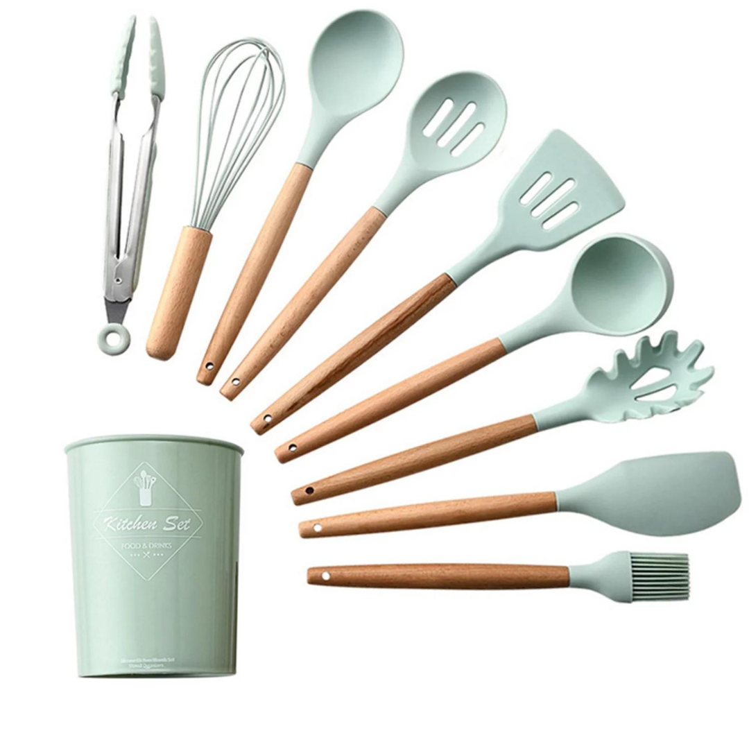9pcs Silicone Kitchen Cooking Utensil Set Wooden Handle