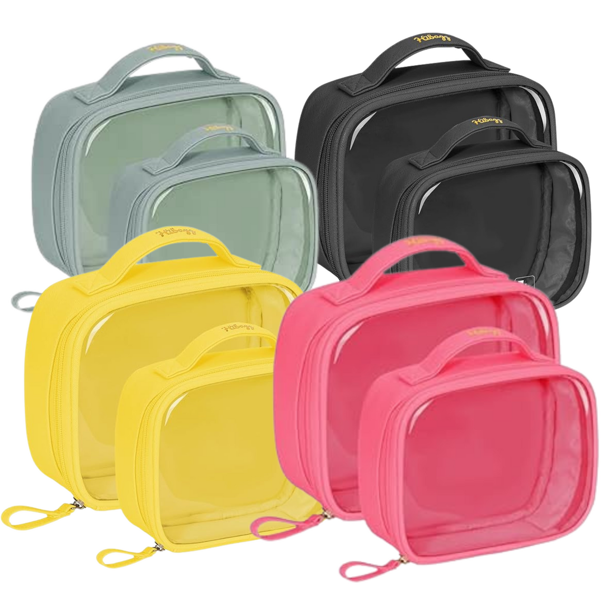 A set of Hibagg TSA approved travel toiletry bags in various colors, including black, sage green, yellow, and pink, with handles and zippers.