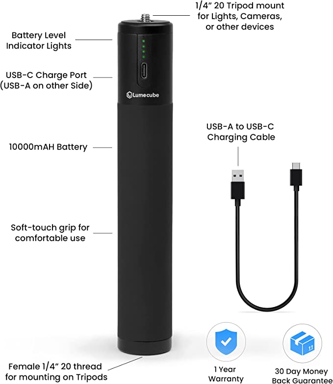 LUME CUBE Power Bank Grip | Portable Charger Handle for DSLR Camera, LED Lights, iPhone, Smartphones & GoPro