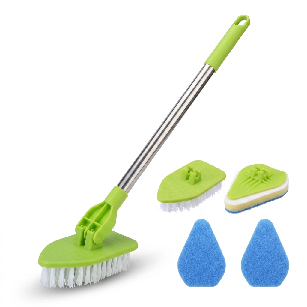 Angled view of multi-purpose scrub brush with ergonomic grip and detachable pads