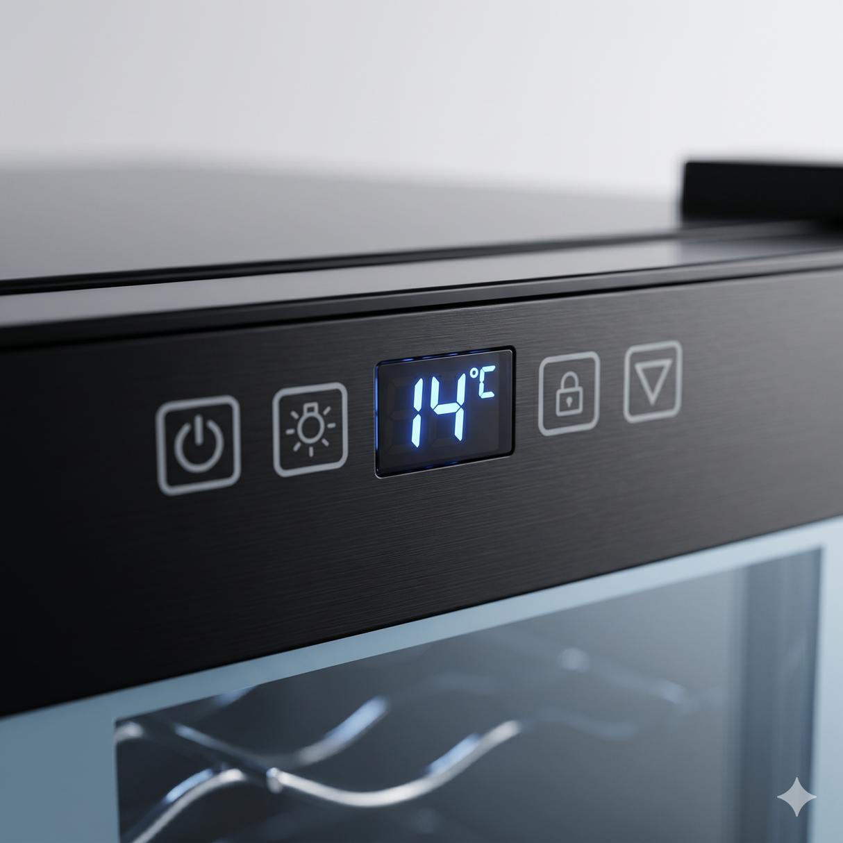 Wine refrigerator digital control panel showing temperature display at 14°C