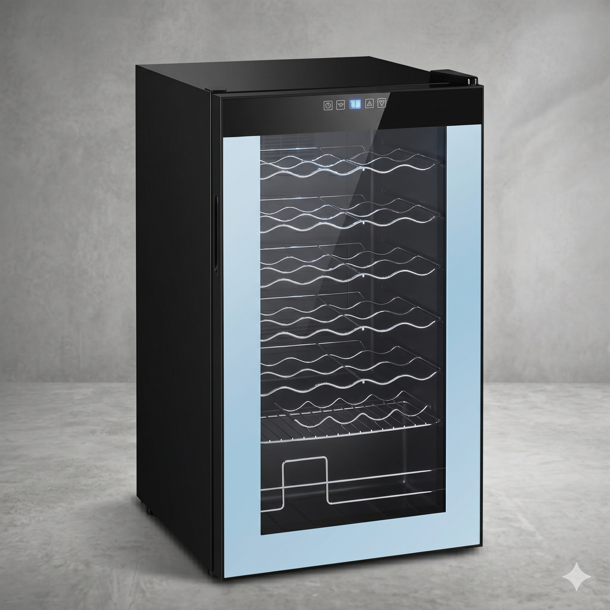 Black 34 bottle wine refrigerator with glass door and LED interior lighting