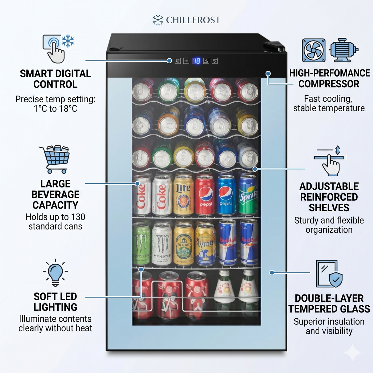 34 bottle wine fridge with adjustable shelves and compressor cooling system
