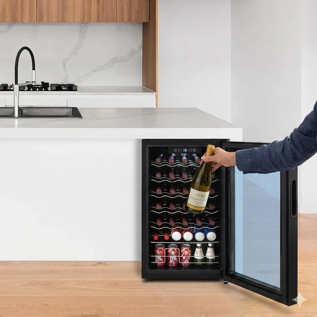 Built-in wine refrigerator in modern kitchen with bottle storage and open door