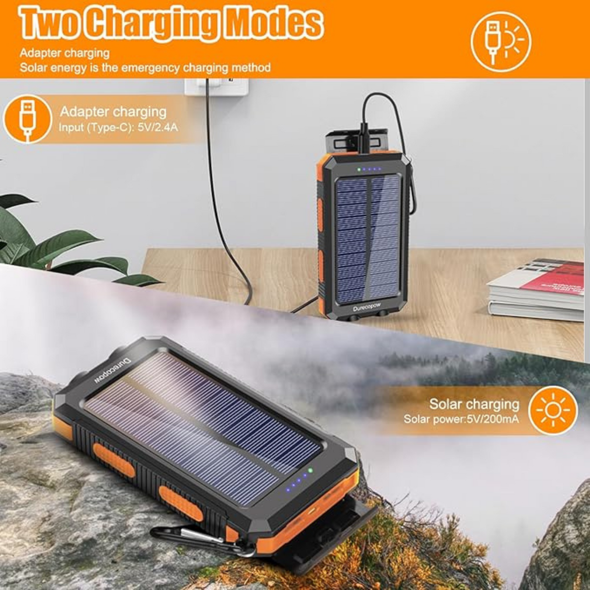 20000mAh Fast Charging Solar Power Bank with Flashlight and Compass