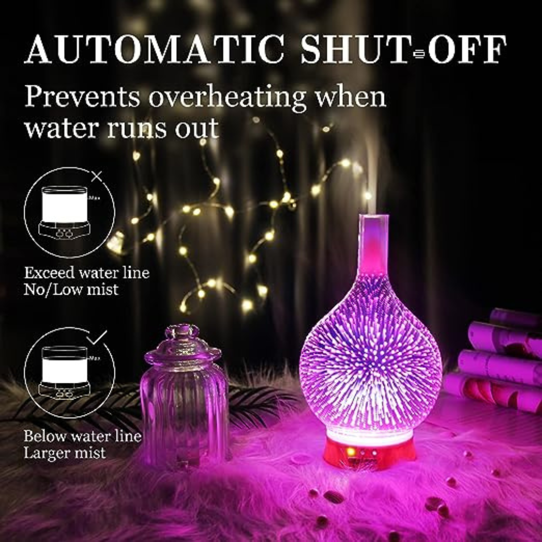 3D Glass Cool Mist Ultrasonic Aroma Diffuser BPA Free, Night Mood Led Light, Safe Auto Shut-Off and Timer.