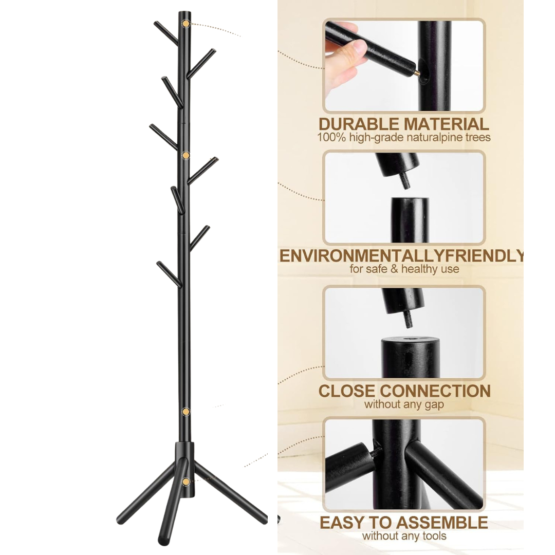 Freestanding Coat Rack with 8 Hooks and 3 Adjustable Size Tree