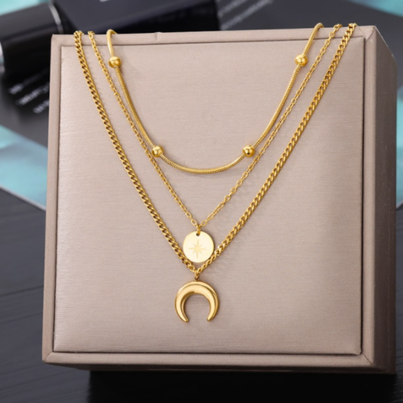 18K Gold Three Layer Star Moon Design Pendant Necklace Stainless Steel