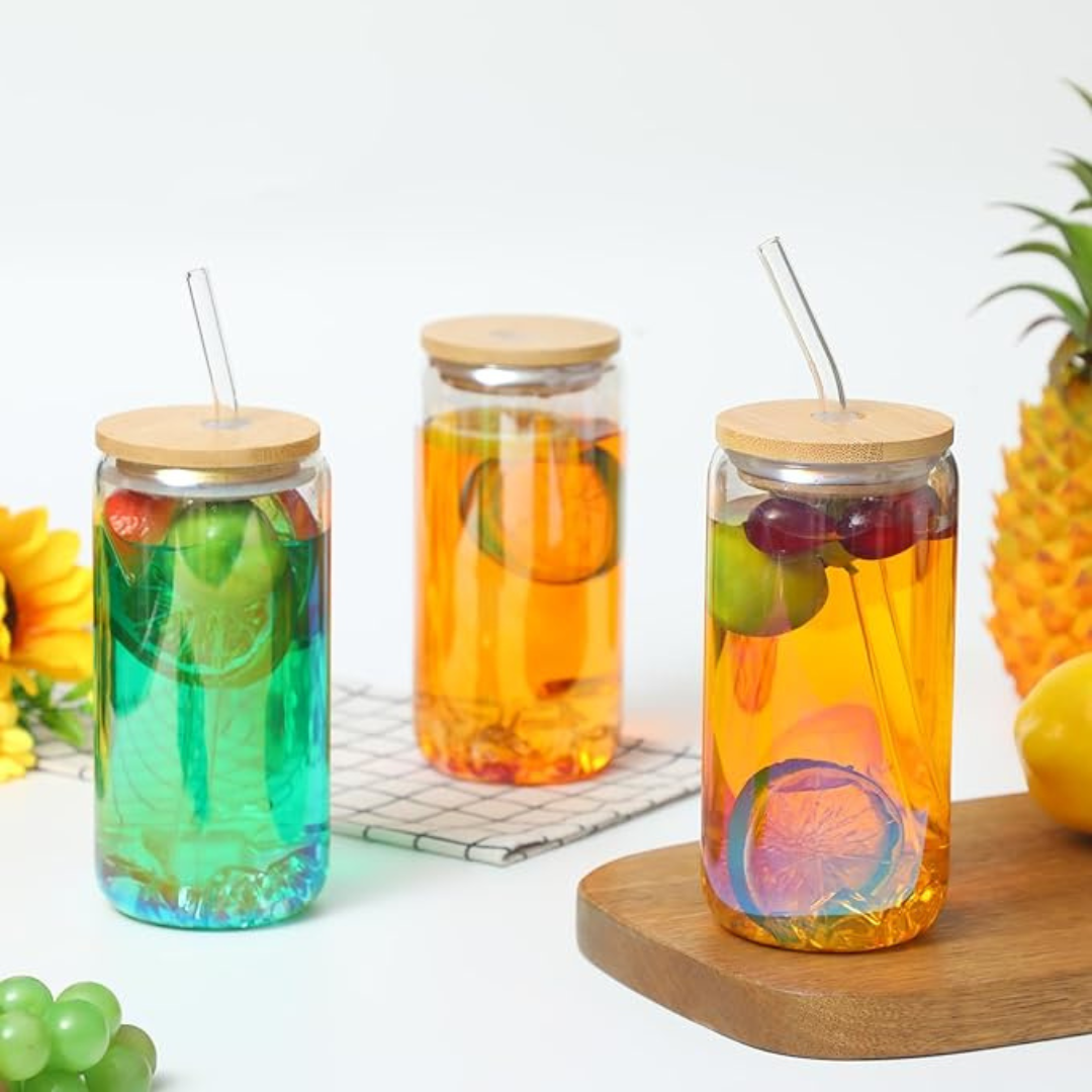 8pc Glass Cups with Bamboo Lids and Straw, 16oz Can
