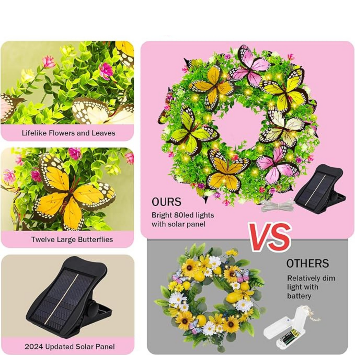 16 Inch Spring Wreaths Solar Lights with Artificial Flowers and Butterflies