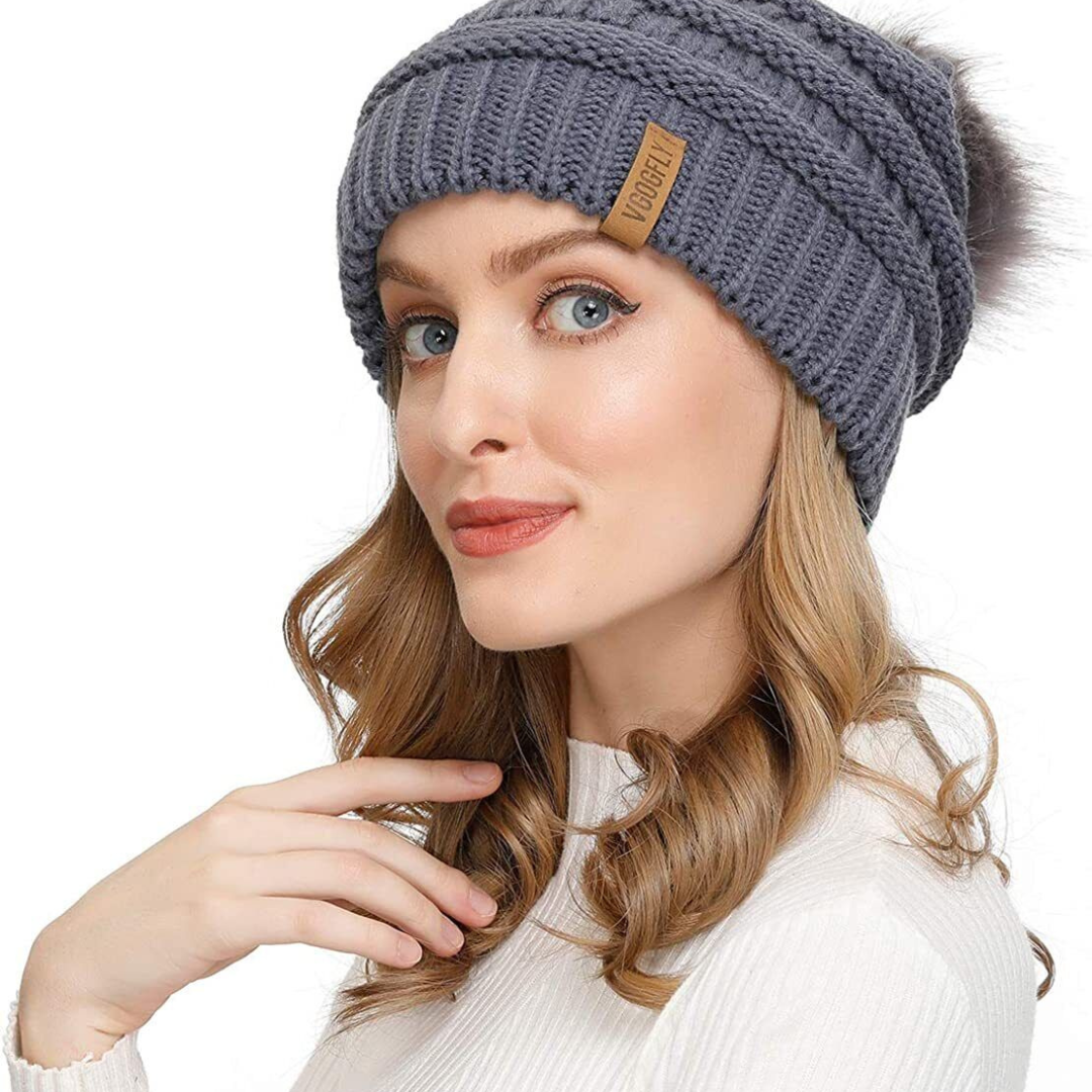 Women Knit Slouchy Beanie Hat with Detachable Faux Fur Pompom