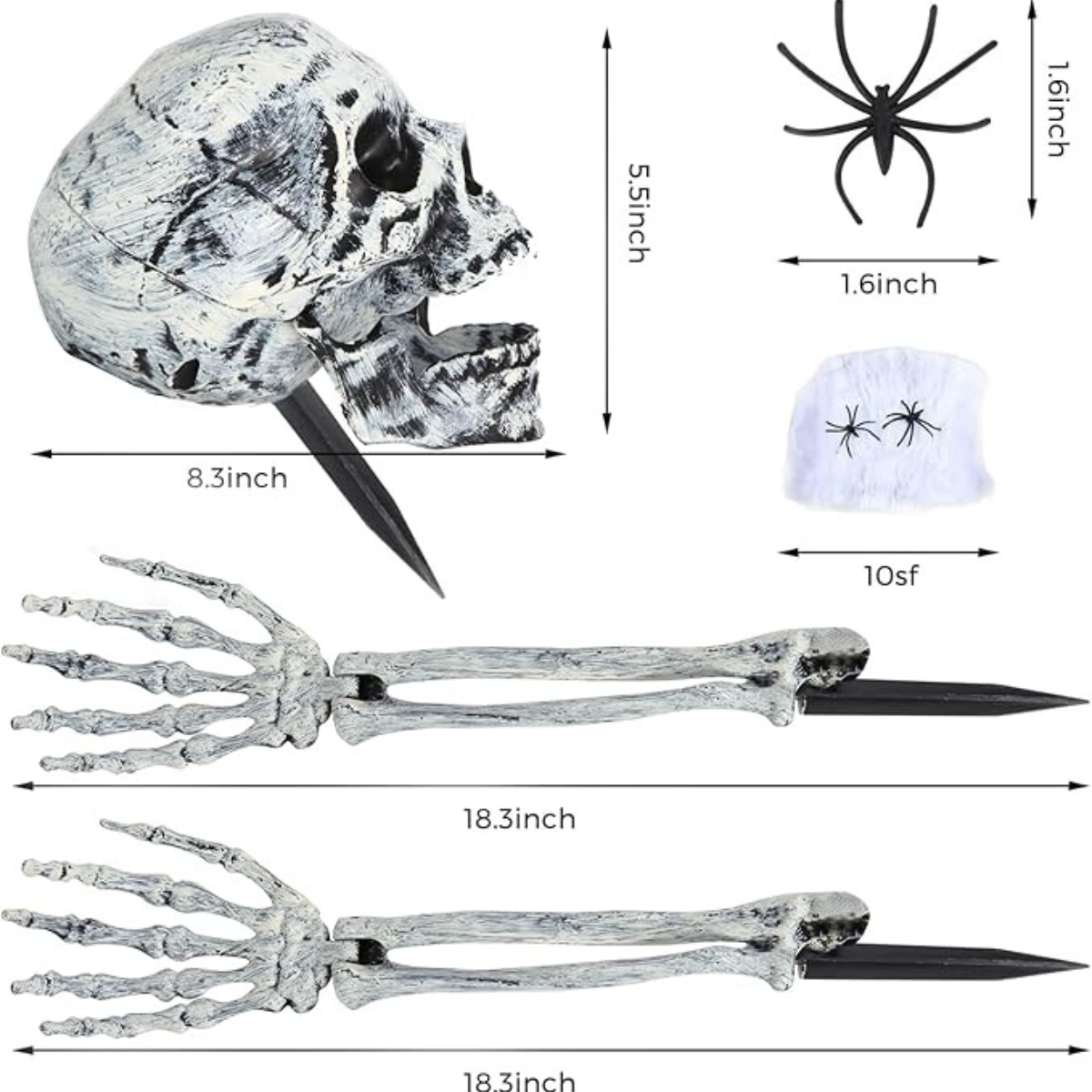 3 pc Fake Skeleton Head & Skeleton Arms Spooky Halloween Outdoor Decoration