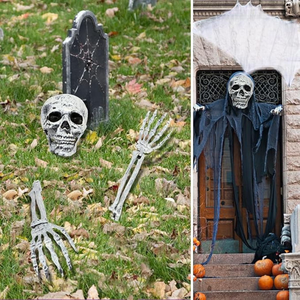 3 pc Fake Skeleton Head & Skeleton Arms Spooky Halloween Outdoor Decoration