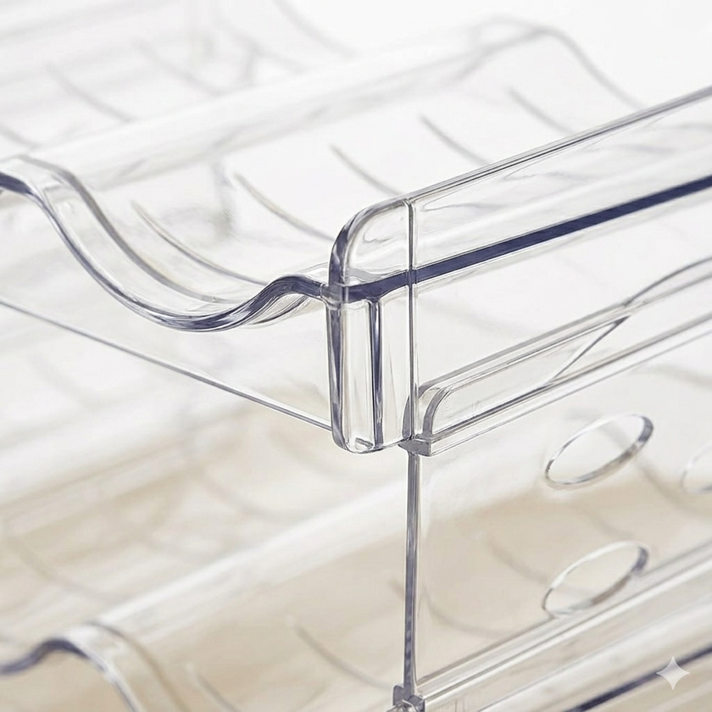 Close-up of 4-tier stackable wine bottle holder showing curved grooves and sturdy edges