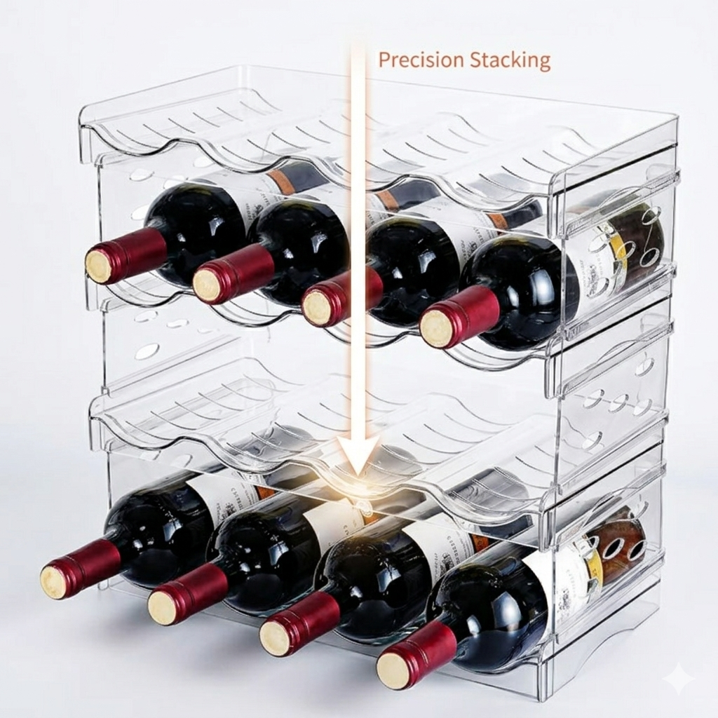 4-tier stackable wine bottle holder highlighting stable stacking and space-saving vertical design