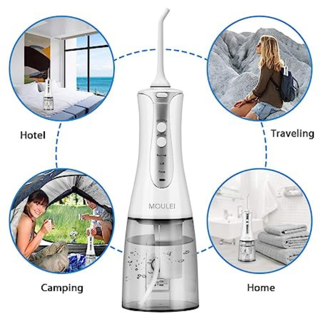 Moulei Portable Dental Water Flosser IPX7 Waterproof 3 Modes and 4 Jet Tips
