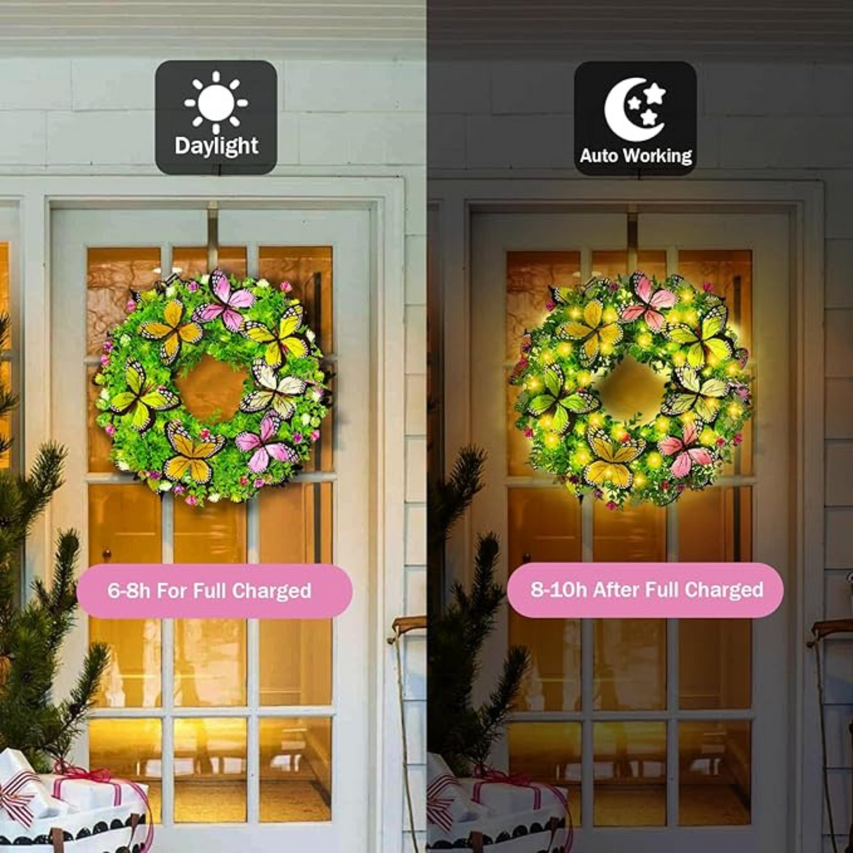 16 Inch Spring Wreaths Solar Lights with Artificial Flowers and Butterflies