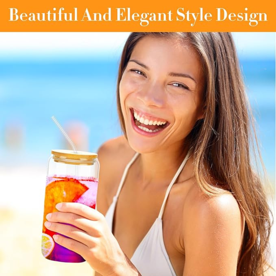 8pc Glass Cups with Bamboo Lids and Straw, 16oz Can